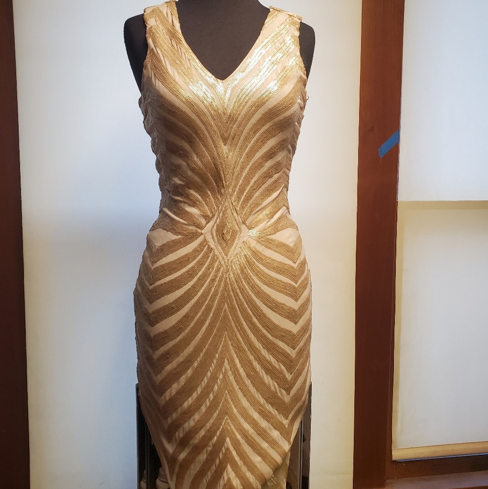 Vintage Beige Gold Striped Sequin Fitted Dress